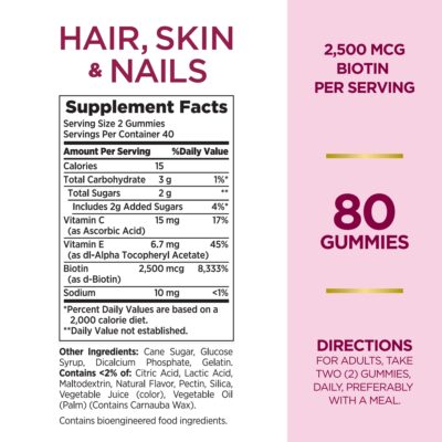 Nature's Bounty Optimal Solutions Hair, Skin & Nails Vitamin Gummies with Biotin, 2500 mcg, Strawberry, 80 Count - Image 2