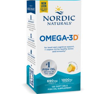 Nordic Naturals Omega-3D, Lemon Flavor – 120 Soft Gels – 690 mg Omega-3 + 1000 IU Vitamin D3 – Fish Oil – EPA & DHA – Immune Support, Brain & Heart Health, Healthy Bones – Non-GMO – 60 Servings