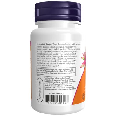 NOW Supplements, Biotin 1,000 mcg, Amino Acid Metabolism*, Energy Production*, 100 Capsules - Image 3