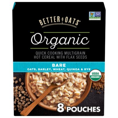 Better Oats Bare Organic Multigrain Hot Cereal Packets, Instant Multigrain Hot Cereal Packets, Thick and Hearty Texture, Ready in 2 Minutes, Pack of 8, 11.8 OZ Pack