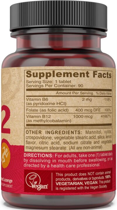DEVA Vegan Vitamin B12 Fast Dissolve Supplement - Once-Per-Day Complex with 1000 Mcg Methylcobalamin B12, Folic Acid, B6 - Lemon Flavor - 90 Dissolvable Tablets, 2-Pack - Image 3