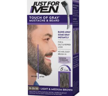 Just For Men Touch of Gray Mustache & Beard, Beard Coloring for Gray Hair with Brush Included for Easy Application, Great for a Salt and Pepper Look – Light & Medium Brown, B-25/35, Pack of 1