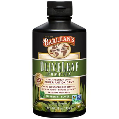 Barlean's Peppermint Olive Leaf Complex Liquid Immune Support Supplement with 95mg Oleuropein Antioxidants for Seasonal Wellness, Heart Health, & Immune System Booster, 16 Ounce