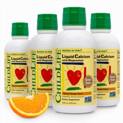 CHILDLIFE ESSENTIALS Liquid Calcium Magnesium Supplement - Supports Healthy Bone Growth for Children, Vitamin D3 & Zinc, All-Natural & Gluten Free - Natural Orange Flavor, 16 Fl Oz Bottle (Pack of 4)