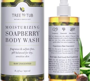 Tree to Tub Unscented Body Wash for Sensitive Skin & Dry Skin – Moisturizing pH Balanced Fragrance Free Body Wash, Hydrating Sulfate Free Body Soap for Women & Men w/Organic Shea Butter, Natural Aloe
