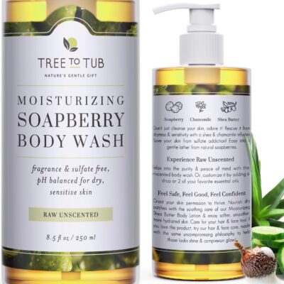 Tree to Tub Unscented Body Wash for Sensitive Skin & Dry Skin - Moisturizing pH Balanced Fragrance Free Body Wash, Hydrating Sulfate Free Body Soap for Women & Men w/Organic Shea Butter, Natural Aloe