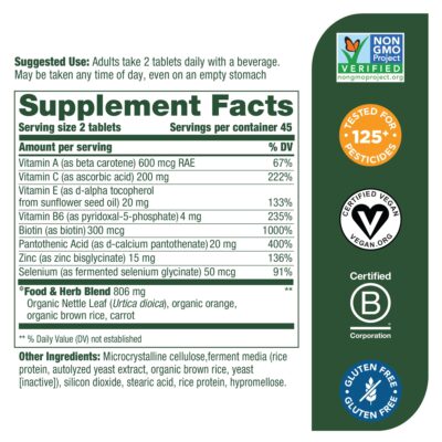 MegaFood Skin, Nails & Hair 2 - Vitamins For Women & Men - Biotin, Vitamin A, Vitamin C, Zinc, Vitamin B6, Vitamin E, Pantothenic Acid - Vegan - Made Without 9 Food Allergens - 90 Tabs (45 Servings) - Image 3