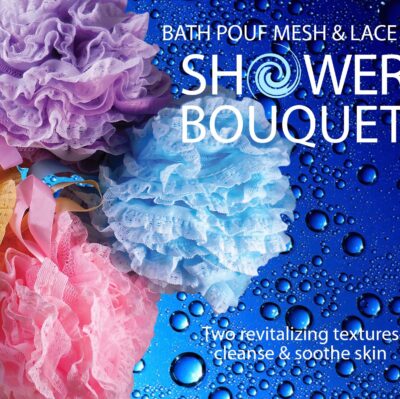 Loofah-Bath-Sponge Lace-Mesh-Set >> 2-Scrubs-in-1 by Shower Bouquet: Large Full 60g Pouf (4 Pack Spa Colors) Body Luffa Loofa Loufa Puff - Exfoliate, Cleanse Skin with Luxurious Bathing Accessories - Image 3