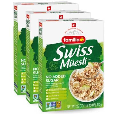 Familia Swiss Muesli Cereal, 0g Added Sugar, Energy-Packed Cereal with Raisins, Hazelnuts and Almonds, 29 Ounce Box (Pack of 3)