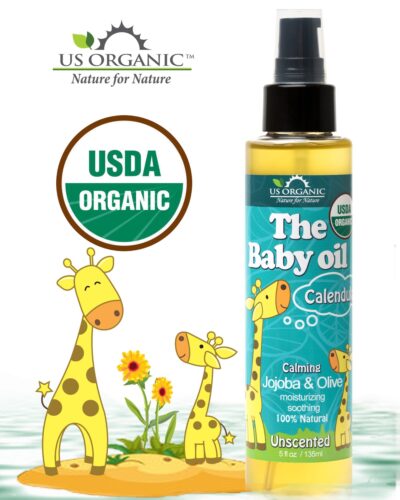 US Organic Baby Oil with Calendula, Jojoba and Olive Oil with Vitamin E, USDA Certified Organic, No Alcohol, Paraben, Artificial Detergents, Color, Synthetic Perfumes, 5 fl. Oz (Pure Unscented) - Image 3
