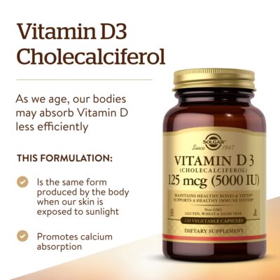 Solgar Vitamin D3 (Cholecalciferol) 125 Mcg (5000 IU), 120 Vegetable Capsules - Helps Maintain Healthy Bones & Teeth - Immune System Support - Non-GMO, Gluten Free, Dairy Free, Kosher - 120 Servings - Image 3