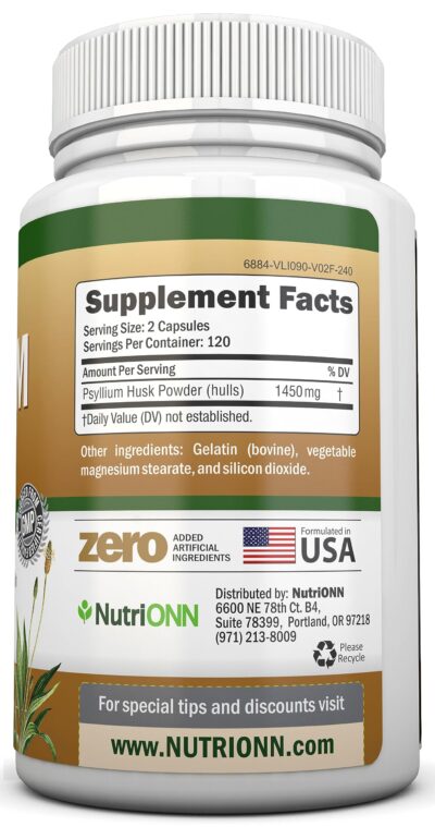 NutriONN PSYLLIUM HUSK CAPSULES - 1450mg Per Serving - 240 Capsules - Double Strength - Premium Psyllium Fiber Supplement - Great for Digestion and Regularity - 100% Natural Soluble Fiber - Image 2