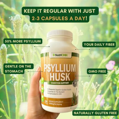 NutriONN PSYLLIUM HUSK CAPSULES - 1450mg Per Serving - 240 Capsules - Double Strength - Premium Psyllium Fiber Supplement - Great for Digestion and Regularity - 100% Natural Soluble Fiber - Image 3