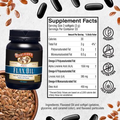 Barlean's Lignan Flaxseed Oil Softgels, Cold-Pressed Flax Seed Supplement with 1,550 mg ALA Omega-3 Fatty Acids for Joint & Heart Health, 1000mg, 100 ct - Image 6