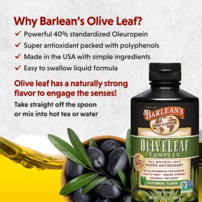 Barlean's Peppermint Olive Leaf Complex Liquid Immune Support Supplement with 95mg Oleuropein Antioxidants for Seasonal Wellness, Heart Health, & Immune System Booster, 16 Ounce - Image 3