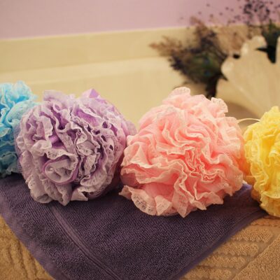 Loofah-Bath-Sponge Lace-Mesh-Set >> 2-Scrubs-in-1 by Shower Bouquet: Large Full 60g Pouf (4 Pack Spa Colors) Body Luffa Loofa Loufa Puff - Exfoliate, Cleanse Skin with Luxurious Bathing Accessories - Image 8