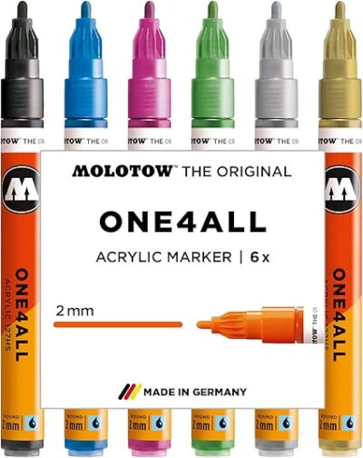 Molotow One4All 127HS Acryl Marker Metallic-Set (2,0 mm Strichstärke, hochdeckend und permanent, UV-beständig, für fast alle Untergründe) 6 Stück sortiert