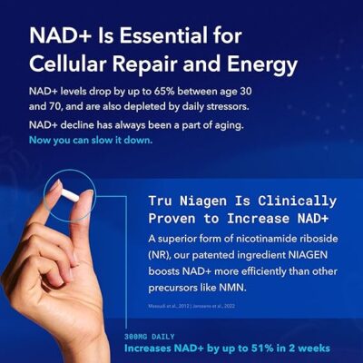 TRU NIAGEN Patented NAD+ Supplement for Anti Aging and Cell Regeneration, 300 mg Niagen, 90 Servings | Nicotinamide Riboside (NR) Take 1 Daily | 1 Bottle - Image 3