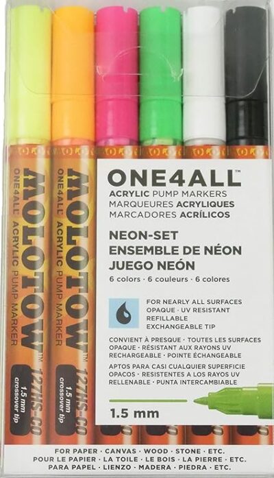 MOLOTOW ONE4ALL Acrylic Paint Marker Set, 6 Neon Colors, 1.5mm Extra Fine (200.466)