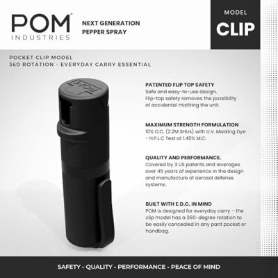 POM Pepper Spray Pocket Clip - Flip Top Safety - Maximum Strength OC Spray Self Defense - Tactical Compact & Safe Design - Quick Key Release - 25 Bursts & 10 ft Range (Group) - Image 5