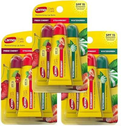 Carmex Moisturizing Lip Balm 3 Tubes Assorted Flavor - Fresh Cherry, Strawberry, Wintergreen (3 Pack)