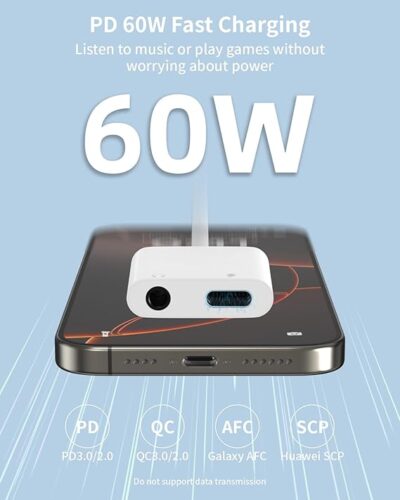 USB C to 3.5mm Headphone and Charger Adapter,with PD 60W Fast Charging Dongle Cable Cord for iPhone 16/15 Plus Pro Max, - Image 3