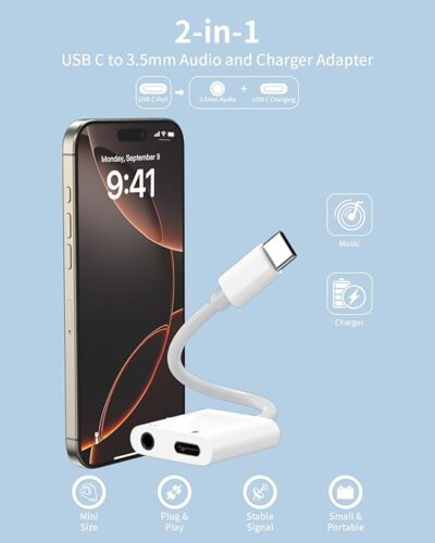 USB C to 3.5mm Headphone and Charger Adapter,with PD 60W Fast Charging Dongle Cable Cord for iPhone 16/15 Plus Pro Max, - Image 2