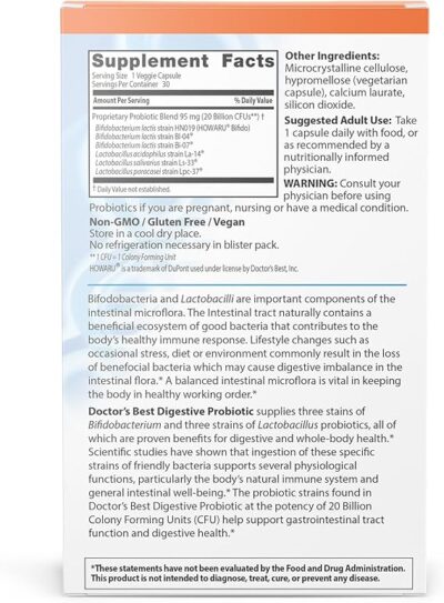 Doctors Best Digestive Probiotic 20 Billion CFU with Howaru, 30 Veggie Caps - Image 3
