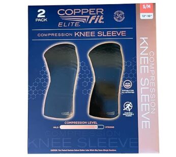 Copper Fit Elite Knee Compression Sleeve Knee Brace 2-Pack, Black (Small/Medium 12″-16″)