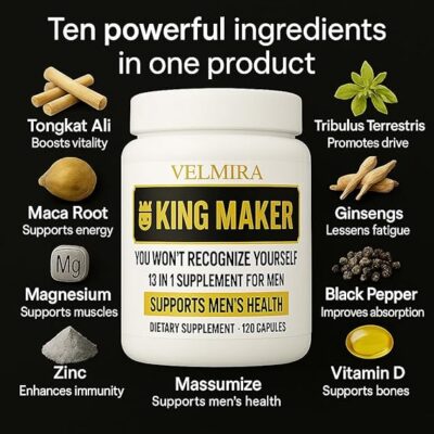 Velmira.King Maker 13-in-1.Sugar-Free Supplement-for Men .Energy Support .Muscle Recovery.Health Support -Zinc-Tongkat Ali -Maca-Magnesium-Vitamin D3. Supplement.120 Capsules-2 Month Supply-Pack of 1 - Image 2
